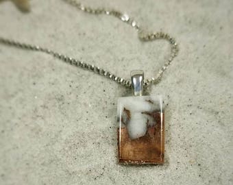 Copper and quartz pendant on a sterling silver box chain