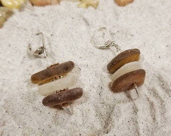 Brown and white sea glass stacker lever back earrings