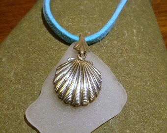 White sea glass, sea shell charm and blue suede necklace