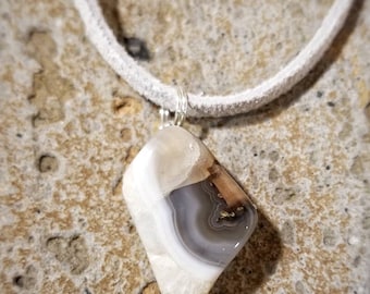 Agate Necklace, White Suede Cord, Sterling Silver Clasp