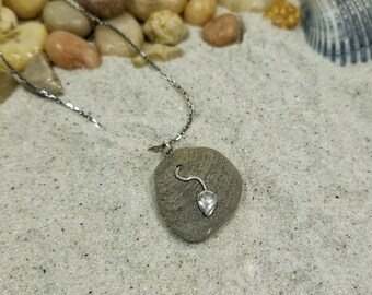 Gray stone and silver leaf necklace