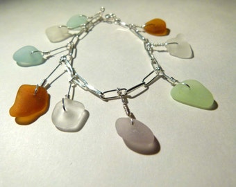 Multi-colored sea glass charm bracelet sterling silver