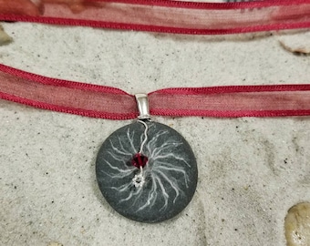 Engraved stone choker ribbon necklace