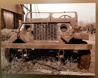Old mine Jeep photograph printed on metal