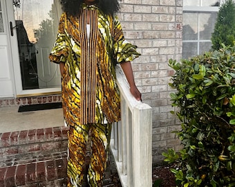 African Print Kimono Style Front Zipper Pant Set with Trimmings