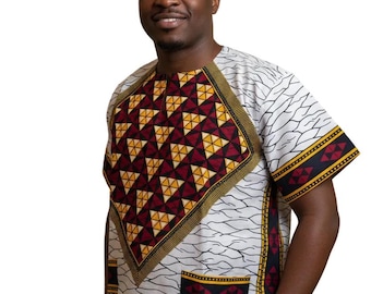 Men  African Print Danshiki Short-Sleeve  with Geometric Pattern