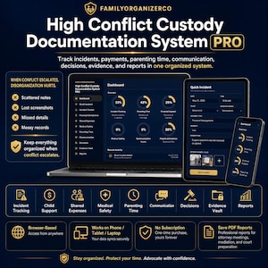 Child Custody Documentation System | High Conflict Co-Parenting Incident Log, Court Evidence Organizer & Parenting Time Tracker