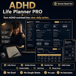 May include: A digital ADHD Life Planner PRO browser-based tool displayed on a laptop, tablet, and smartphone. The interface features a dashboard, daily planner, weekly calendar, habit tracker, routine builder, task focus, and money focus modules.