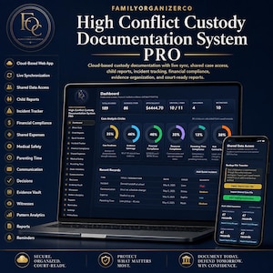 May include: A laptop and smartphone displaying the FamilyOrganizerCo High Conflict Custody Documentation System PRO dashboard. The interface features dark blue themes with data charts, record lists, and navigation icons for cloud-based custody tracking.