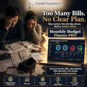 Peut inclure: Un planificateur budgétaire mensuel numérique PRO affiché sur un écran d'ordinateur portable montrant des graphiques et des données financières. L'image contient le texte : Too Many Bills. No Clear Plan. Monthly Budget Planner PRO. See your income, bills.