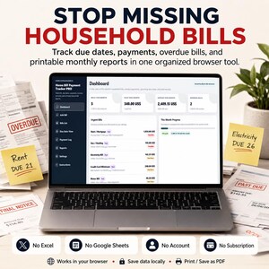 Registro de facturas del hogar con fechas de vencimiento, pagos, recibos e informes de gastos mensuales.