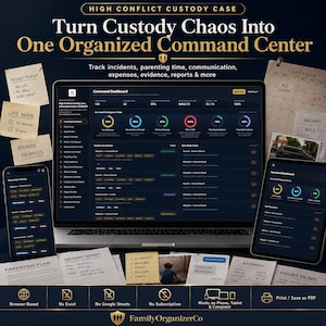 May include: A digital command center dashboard displayed on a laptop, tablet, and smartphone, featuring data tracking for custody cases. The interface includes charts, incident reports, and expense logs, surrounded by sticky notes with handwritten text.