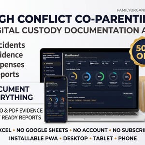 Peut inclure: Application numérique de documentation de garde parentale pour ordinateur, tablette et téléphone. Permet de suivre les incidents, preuves, dépenses et rapports. L'interface affiche un tableau de bord avec des graphiques, des cercles d'analyse et des dossiers de conformité financière. Badge 50% de réduction inclus.