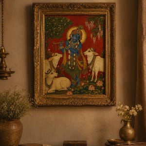 May include: A rectangular painting in an ornate gold frame depicting a blue-skinned figure playing a flute, surrounded by three white cows against a vibrant red background. The artwork features detailed floral elements, greenery, and lotus flowers.