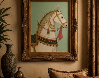 Royal Mughal Horse Miniature Painting Print | Indian Equestrian Wall Art | Vintage Rajput Horse Portrait | Palace Decor