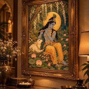 May include: A framed painting depicting a blue-skinned figure playing a golden flute whilst seated beside a white calf. The scene features a large golden halo, hanging white flowers, and pink lotus flowers in a pond, all encased in an ornate gold frame.