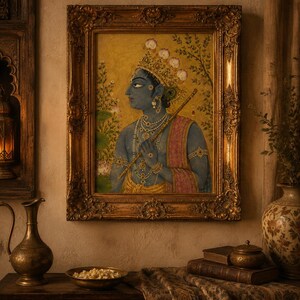 May include: A framed painting depicting a blue-skinned figure in profile, adorned with an ornate gold crown, layered necklaces, and armbands, holding a flute. The artwork is set within a detailed, antique-style gold frame against a textured wall.