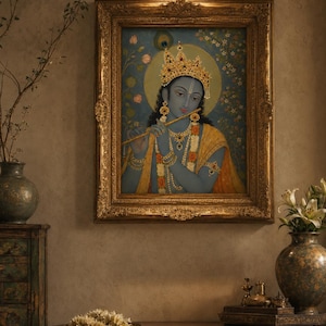 Krishna-flöjtmålning, indisk hinduisk gudväggkonst, traditionell indisk miniatyrkonst, blå Krishna-dekor, vintage andaktskonst