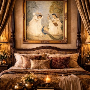 May include: A lavish bedroom scene with a four-poster bed adorned with cushions in gold, brown, and burgundy tones. A framed artwork showing figures and a peacock is above the bed. The room is decorated with rich fabrics and warm lighting.