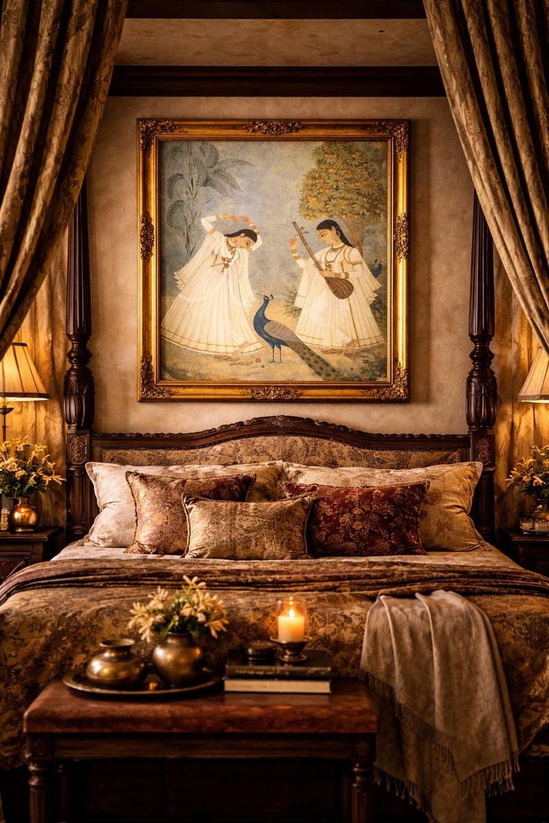 May include: A lavish bedroom scene with a four-poster bed adorned with cushions in gold, brown, and burgundy tones. A framed artwork showing figures and a peacock is above the bed. The room is decorated with rich fabrics and warm lighting.