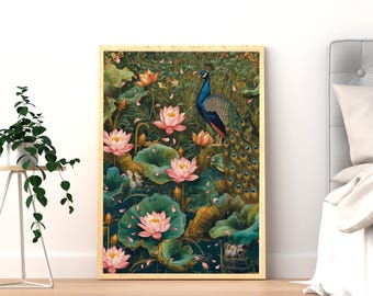 Pichwai Art Matte Vertical Poster | Indian Temple Painting, Krishna Theme, Peacock Lotus Art Poster,  Traditional Hindu Wall Prints