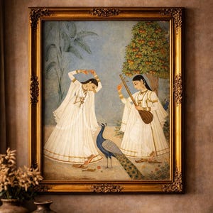 May include: A framed painting with a gold ornate frame shows two figures in white robes, one playing a stringed instrument, the other with arms raised. A peacock stands between them. The artwork is set against a backdrop of a tree and a blue sky.