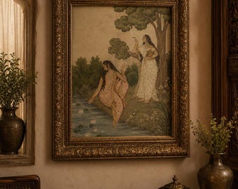 Indian Miniature Women by Lotus Pond Art Print | Vintage Mughal Painting | Traditional Indian Wall Art | Heritage Home Decor