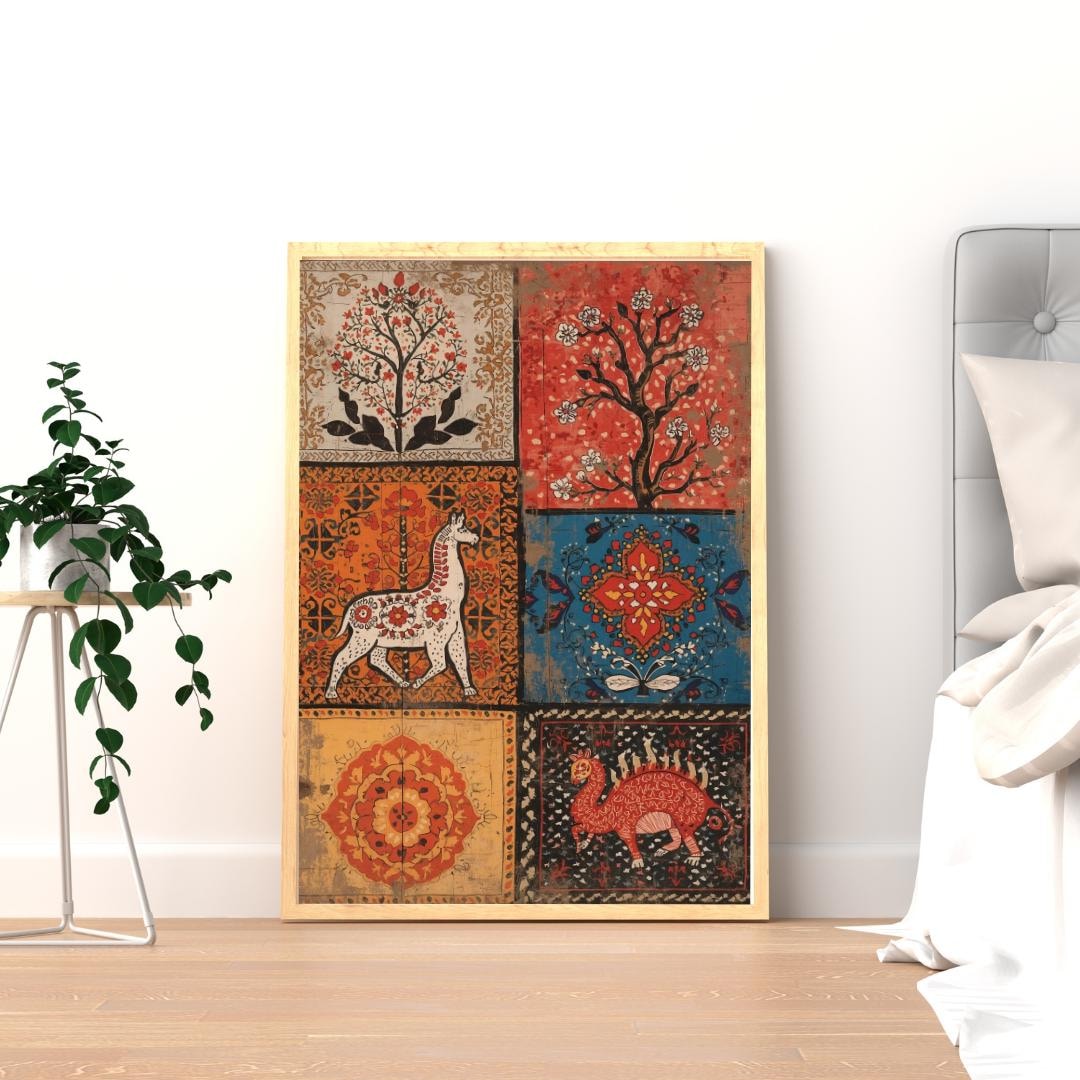 Patchwork Poster Design Folk Art Patchwork Animals Matte Vertical Poster | Boho Tree Tile Print ...