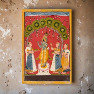 クリシュナとゴーピのマットアートプリント：インドの神縦型ポスター