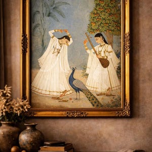Indian Miniature Peacock Dance Wall Art Print | Antique Style Mughal Painting | White Lehenga Women Artwork | Luxury Bedroom Decor image 3