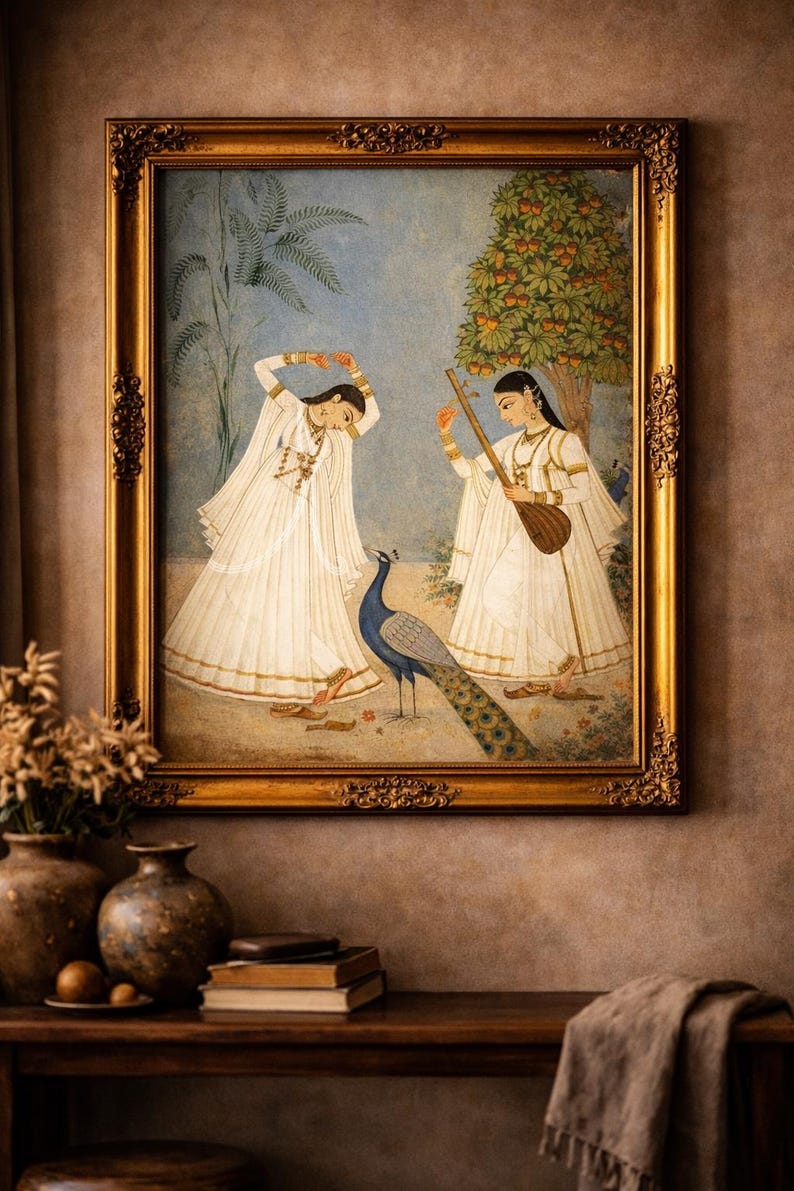 Indian Miniature Peacock Dance Wall Art Print | Antique Style Mughal Painting | White Lehenga Women Artwork | Luxury Bedroom Decor image 3