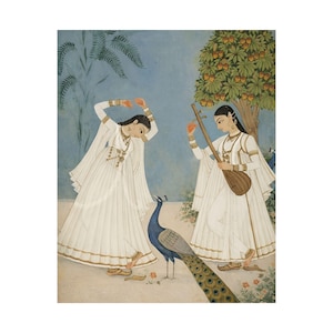 Indian Miniature Peacock Dance Wall Art Print | Antique Style Mughal Painting | White Lehenga Women Artwork | Luxury Bedroom Decor image 6