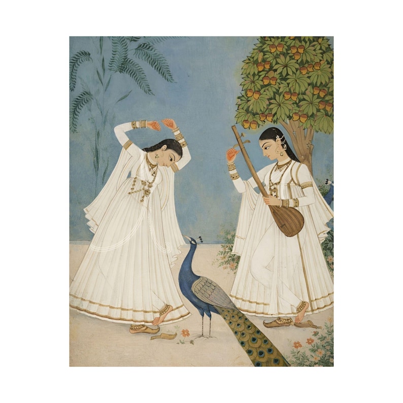Indian Miniature Peacock Dance Wall Art Print | Antique Style Mughal Painting | White Lehenga Women Artwork | Luxury Bedroom Decor image 6