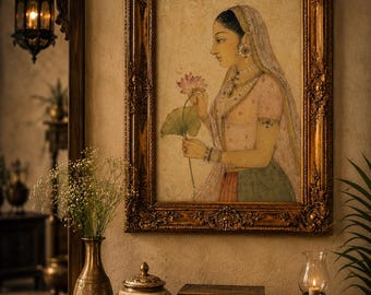 Mughal Princess with Lotus Miniature Painting Print | Indian Royal Woman Wall Art | Vintage Rajput Portrait Decor | Heritage Fine Art Print
