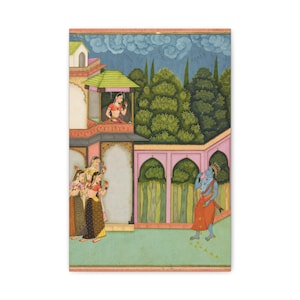 Canvas Print, Indian God Krishna approaches Radha, Wall Art Home Decor, Religious Hindu Art, Gift for Yoga Lover, Hindu Deity Decor,