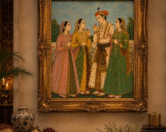 May include: A rectangular painting in an ornate gold frame depicting four figures in traditional attire. The central figure wears a white and gold outfit with a turban, flanked by three figures in pink, yellow, and green long dresses against a blue sky.
