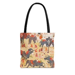 Elephant Fight Tote Bag, Colorful Canvas Bag, Boho Style, Beach Bag, Gift for Animal Lovers, Vintage-Inspired Art