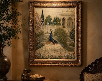 Pintura en miniatura mogol del pavo real danzante, arte mural indio, obra de arte para jardín real, lámina de arte del pavo real, decoración mogol, decoración vintage para el hogar