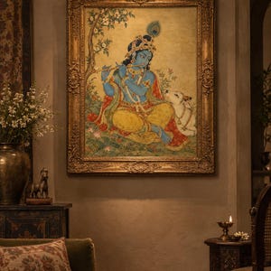 May include: A framed painting depicting a blue-skinned figure playing a flute while seated under a tree next to a white cow. The artwork features intricate gold, red, and yellow clothing details, all enclosed within an ornate, textured gold frame.