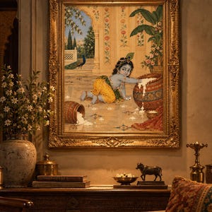 May include: A framed painting depicting a blue-skinned child crawling on a marble floor, reaching into a large patterned clay pot filled with white butter. The child wears yellow garments and a peacock feather. The ornate gold frame is rectangular.