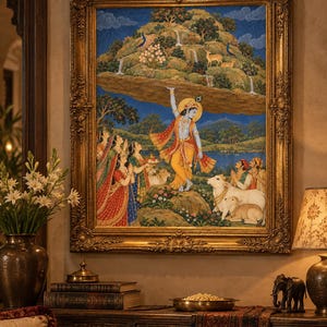 May include: A framed painting depicting a blue-skinned figure lifting a large mountain with one hand. The scene includes people in traditional attire, white cows, and lush greenery against a deep blue sky, all encased in an ornate gold frame.