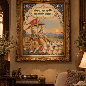 May include: A framed painting depicting Krishna and Arjuna in a chariot pulled by four white horses. The artwork features Sanskrit text at the top, a red flag, and a sunset background, all enclosed in an ornate, textured gold-coloured frame.