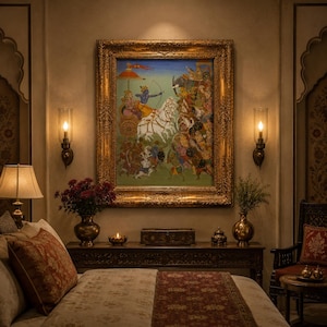 May include: A bedroom scene with a large, ornate framed painting depicting a battle scene. The painting is the focal point, with a gold frame. The room includes a bed, lamps, vases with flowers, and a dark wooden console table.