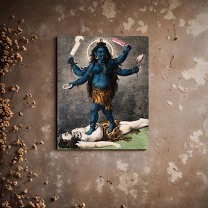 May include: A vintage-style print depicting a blue-skinned deity with multiple arms, holding various objects, standing over a figure. The artwork features a halo and is set against a textured, dark background. The deity wears a gold-colored skirt.