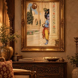 May include: A framed painting depicting a blue-skinned child with a peacock feather in their hair, wearing yellow and red garments, peeking from behind a floral-patterned pillar in a courtyard with a hanging pot of butter and a lotus pond.