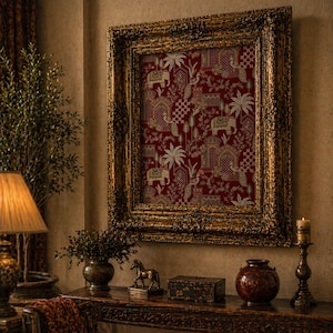 Puede incluir: Un tapiz enmarcado con un patrón detallado de elefantes, palmeras y elementos arquitectónicos en oro y blanco sobre un fondo rojo intenso. El marco dorado ornamentado añade elegancia a la obra de arte. El tapiz se exhibe en una habitación con iluminación cálida.