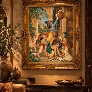 May include: A framed painting depicting a blue-skinned figure standing on the shoulders of others to reach a hanging clay pot filled with white contents. The scene includes two small white calves, lush greenery, and architectural columns in a garden setting.