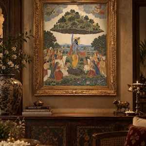 May include: A framed painting depicting a blue-skinned figure lifting a mountain above their head, surrounded by people and animals in a landscape. The artwork is enclosed in an ornate, textured gold frame with intricate carved details.