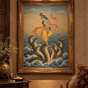 May include: A framed painting depicts a blue-skinned figure dancing atop the multiple heads of a large serpent rising from turbulent blue ocean waves. The figure wears yellow garments and jewellery, set within an ornate, textured gold-coloured frame.