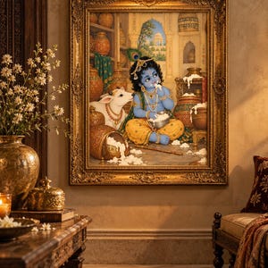 May include: A framed painting depicting a blue-skinned child sitting on the floor, eating white butter from a metal bowl. A white calf stands beside the child, surrounded by numerous ornate clay pots filled with butter in a stone room.